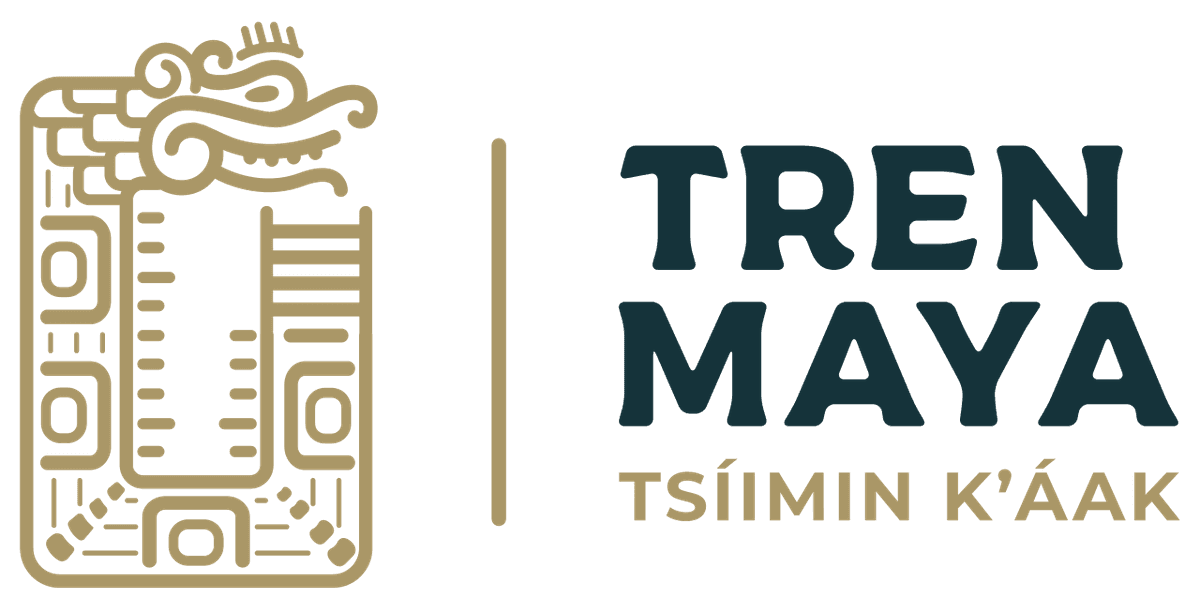 Logotipo del Tren Maya con iconografía maya prehispánica en tonos dorados y texto en español.