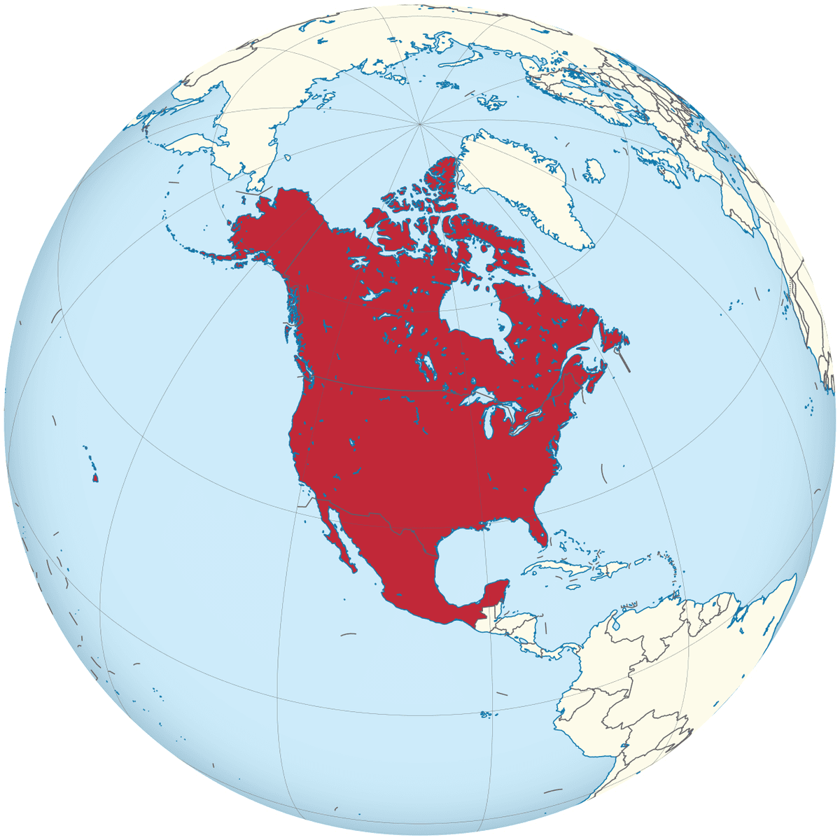 Mapa de América del Norte con territorio de Canadá, Estados Unidos y México destacado en rojo sobre fondo de globo terráqueo.