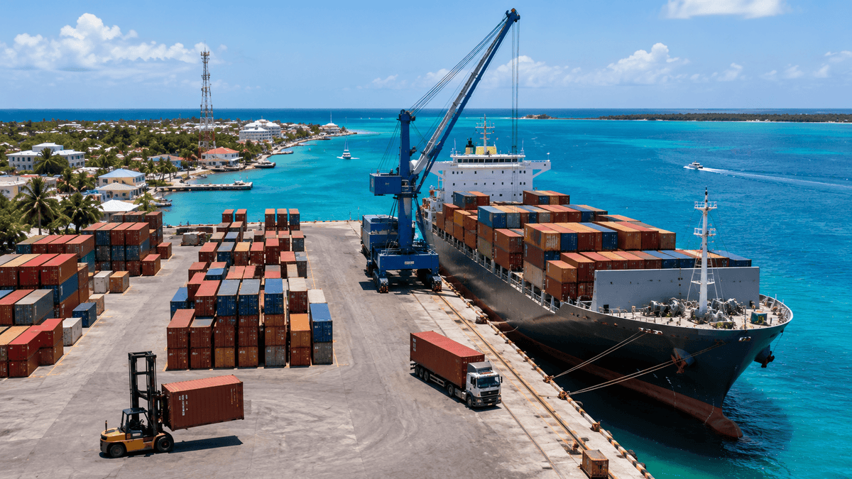 Puerto comercial en Belice con barcos de carga, contenedores y maquinaria portuaria en operación frente a aguas turquesas del Caribe.
