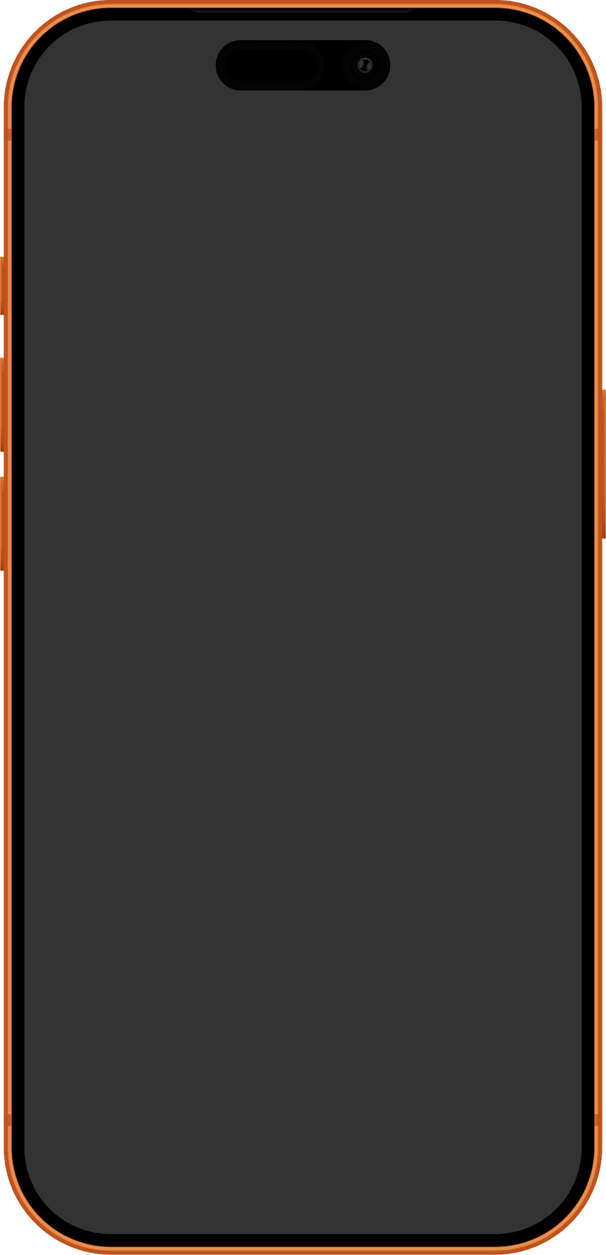 Smartphone con borde naranja y pantalla negra apagada, vista frontal.